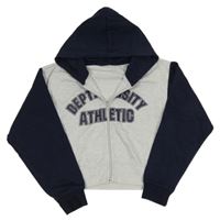 Svetlošedá -tmavomodrá melírovaná prepínaci crop mikina s nápismi a kapucňou