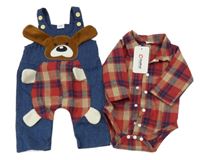 Nové - 2Set - Modré riflové laclové kalhoty s pejskem + kostkované košilové body PatPat