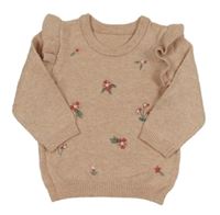 Pudrový melírovaný sveter s kvietkami a volánikmi George