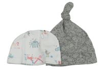 2x - Čepice - Biela s cirkusovými zvířátky, šedá melírovaná s medvedíkmi
