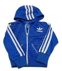 Cobaltově modro-bílá propínací sportovní mikina s logy a kapucí Adidas