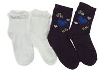 2x - Ponožky - Bílé s krajkovým volánkem, lilkové teplé se srdíčky