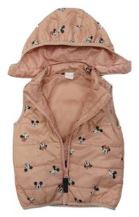 Pudrová prošívaná šusťáková zateplená vesta s Minnie a odepínací kapucí H&M