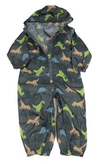 Tmavošedá šusťáková nepromokavá kombinéza s dinosaury a kapucí Dunnes