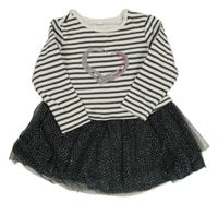 Bielo-antracitové teplákovo/tylové šaty s pruhmi a srdcem Pocopiano