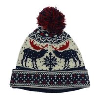 Tmavomodro-krémová vzorovaná pletená čapica so sobmi a brmbolcom Cedarwood State