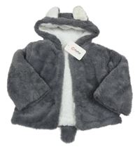 Nové - Tmavosivá kožušinová zateplená bunda s kapucňou
