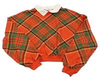 Červeno-zeleno-čierna kockovaná crop mikina s golierikom H&M