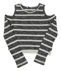 Tmavošedo-bílé pruhované úpletové crop triko s průstřihy a krajkou Primark