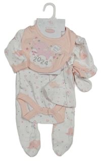 5 set - Bílo-růžový vzorovaný overal + body + bryndák + čepice + bavlněné rukavice 
