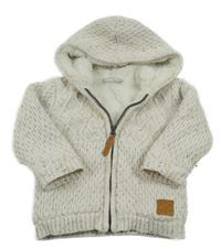 Světlebéžový vzorovaný zateplený propínací svetr s kapucí 