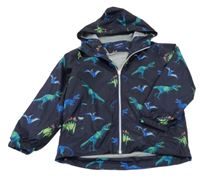 Tmavomodrá šusťáková jarní bunda s dinosaury a kapucí 