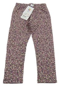 Nové - Antracitovo-fialovo-smetanové květované zateplené legíny Topolino