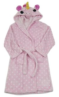 Světlerůžovo-bílý puntíkatý plyšový župan s kapucí - Jednorožec 