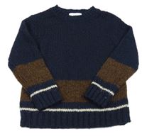 Tmavomodro-hnědo-bílý svetr Zara