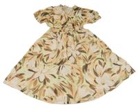 Béžovo-růžovo-hnědé šaty s květy 