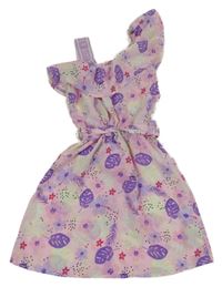 Růžovo-lila kvetované šaty s volánikom a opaskom