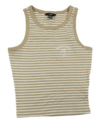 Béžovo-bílý pruhovaný žebrovaný crop top s nápisem New Look