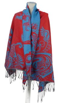 Dámská červeno-modrá vzorovaná šála s třásněmi 