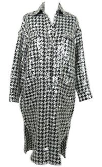 Dámsky čierno-biely vzorovaný vzorovaný pletený oversized kabát s flitrami Zara