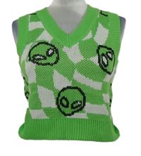 Dámská limetkovo-bílá vzorovaná pletená crop vesta s mimozemšťany Shein 