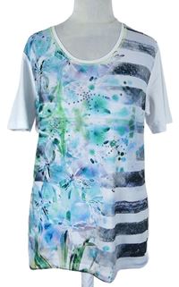 Dámské bílo-modré pruhované tričko s květy a kamínky 
