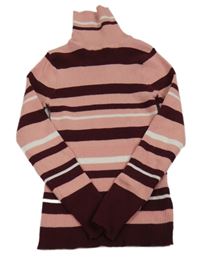 Ružovo-vínovo-biely pruhovaný rebrovaný svetrový rolák Primark