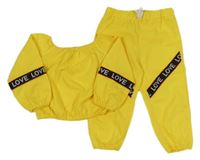 2 set - žluté crop triko s nápisy + žluté kalhoty s nápisy 