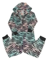 Růžovo-modro-černá vzorovaná chlupatá kombinéza s kapucí H&M
