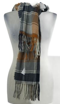 Nové - Dámska sivo-tmavomodro-béžová kockovaná šál s strapcemi