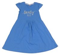 Modré bavlnené šaty so strieborným nápisom Y.F.K.