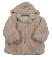 Svetloružová kožušinová zateplená bunda s kapucňou Shein