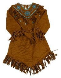 Kostým - Medové semišové šaty s výšivkami a třásněmi 