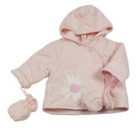Světlerůžová šusťáková zateplená bunda s květem a kapucí + rukavice 