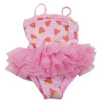 Růžovo-bílé kostkované plavky s jahodami a volánkem 