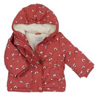 Červená šusťáková zimní bunda s kytičkami a kapucí Primark
