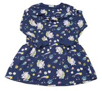 Tmavomodré teplákové šaty s jednorožcami a volánikmi Impidimpi