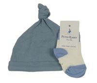 Nové - Modrošedá bavlněná čepice + bílo-modré ponožky Petter Rabbit M&S