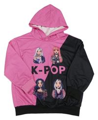 Fuchsiovo-čierna mikina s potiskem K-pop a kapucňou Shein