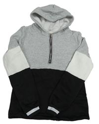 Sivo-čierno-biela mikina s kapucňou