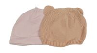 2x - Čepice - Světlerůžová bavlněná, pudrová pletená s uškami ZARA