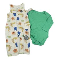 Nové - 2Set - Smetanové melírované cargo tepláky se zvířátky + zelené body M&S