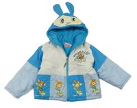 Modro-světlemodro-biela šušťáková zimná bunda so zajačikmi a kapucňou