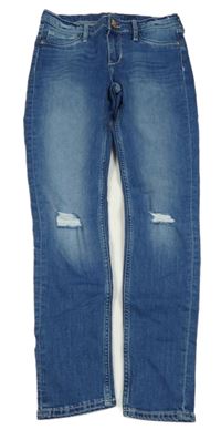 Modré skinny fit teplákové rifle s prošoupanými koleny H&M