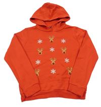 Červená mikina s vločkami a sobmi a kapucňou C&A