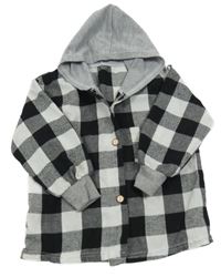 Černo-bílo-šedá kostkovaná košile s kapucí