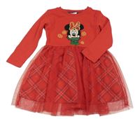 Červené žebrovano/kárované šaty s Minnie a tylem Disney
