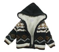 Tmavošedo-bílo-hnědý vzorovaný pletený propínací zateplený svetr s kapucí lucky kids