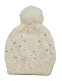 Smetanová pletená čepice s kamínky a perlami a hvězdičkami a bambulí F&F