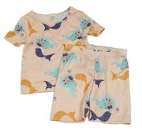 2set - Broskvové tričko s mořskými pannami + legínové kraťasy SHEIN